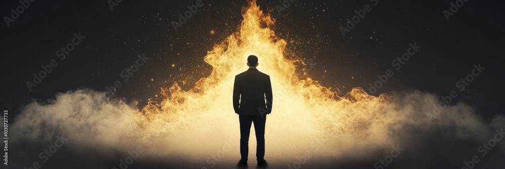 Silhouette of a man standing in front of a wall of fire. Stock ...