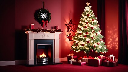 red toned room features new year tree decorations artificial fireplace