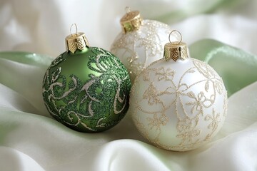 Wall Mural - green and white christmas ornaments resting on satin fabric