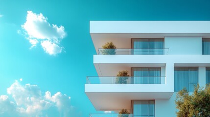 Poster - white apartment building with the bright blue sky a sense of luxury and modern urban living