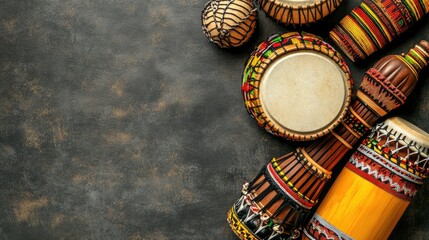 Popular African dance instruments like shekeres in a top view layout, with room for tex