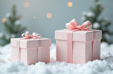 Two pink christmas gifts resting on snow with sparkling tree in background