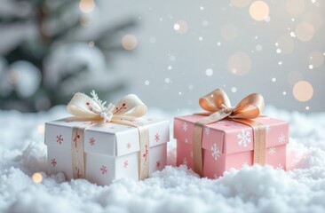 Two christmas presents lying on snow with christmas tree in background