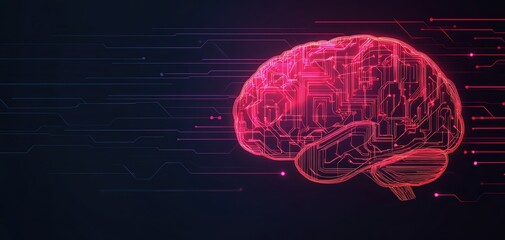 Poster - Futuristic digital brain illustration with neon effects on a dark background.