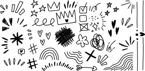 Poster - Doodle Line Art Set Featuring Emphasis Highlights and Hand Drawn Elements Like Hearts, Stars, and Arrows. Cute Vector Graphics.