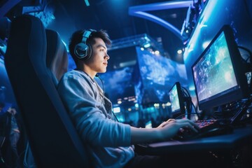 Canvas Print - Young Asian gamer headphones looking screen.