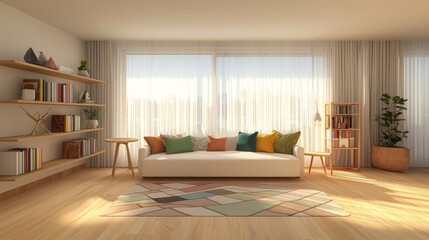 A modern living room with a white sofa, a colorful rug, and a bookshelf with plants.