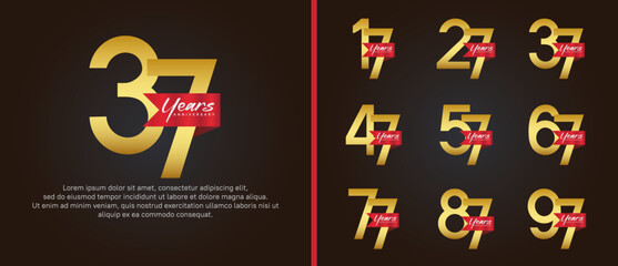 anniversary logotype set. vector design gold color with red ribbon can be use for celebration event