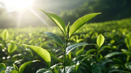 Wall Mural - Un brote fresco de planta de té brilla bajo la luz del sol, en un vasto campo de té, con montañas difuminadas al fondo. El brote es de un verde vibrante y lleno de vida.
