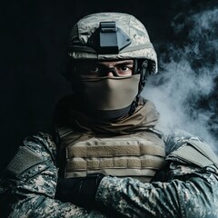 A soldier in tactical gear stands confidently, surrounded by smoke.