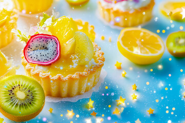 Small lemon tarts topped with fresh fruit sit beautifully on a colorful surface. Their vibrant decoration and delightful presentation make them perfect for any sweet occasion