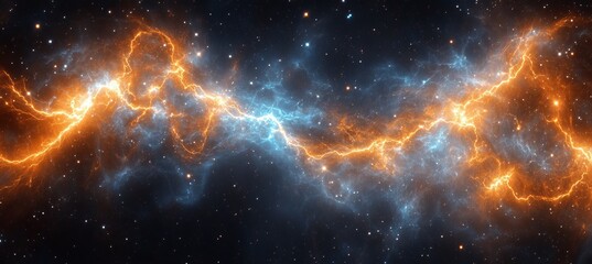 Poster - Cosmic Energy Flow Vivid Orange and Blue Lightning Bolts Illuminate a Starry Night Sky