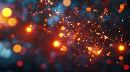 Poster - Abstract 3D wireframe with glowing lights and floating digital elements representing technological networks