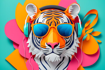 illustration of paper art tiger with headphones and sunglasses on the abstract background.	