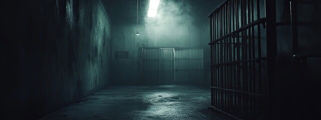 Empty prison cell. Steel prison bars. Abandoned jail entrance. Concrete floor Moody dark horror. Prison facility interior. 