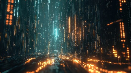 Poster - Abstract binary code and glowing circuits representing the flow of data in modern technological systems