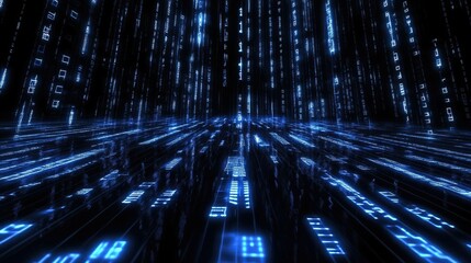 Poster - Abstract binary code and glowing circuits representing the flow of data in modern technological systems