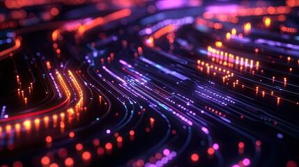 Poster - Abstract binary code flowing through glowing circuits and data streams representing digital innovation and processes