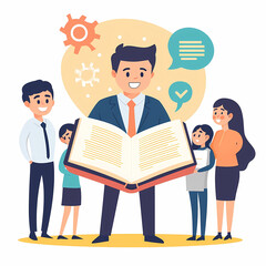 Poster - business leader stands confidently with open book of strategies, surrounded by diverse team engaged in discussion. scene conveys collaboration and innovation