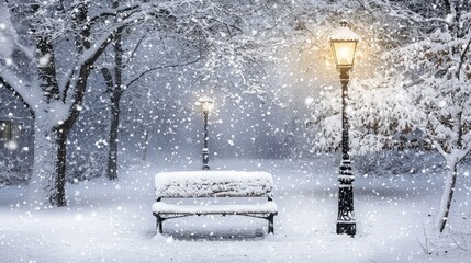 A snow-covered bench sits beneath two lampposts in a wintery park, as snow falls.