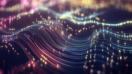 Poster - Abstract digital interface with glowing nodes and data waves symbolizing modern technological processes