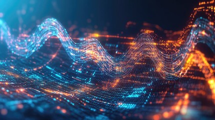 Poster - Abstract digital interface with glowing nodes and data waves symbolizing modern technological processes