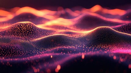 Poster - Abstract digital network of glowing particles and waveforms representing data flow and technological operations