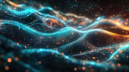Poster - Abstract digital network of glowing particles and waveforms representing data flow and technological operations