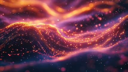 Poster - Abstract digital network of glowing particles and waveforms representing data flow and technological operations