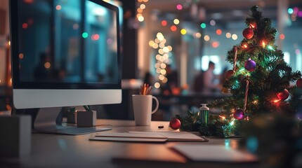 a desktop in an office, on which there is a white thin computer monitor, a tabletop Christmas tree with small balls and a New Year's garland, two diaries, desk calendar with the year 2025 