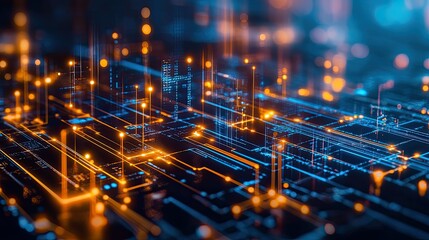 Poster - Abstract geometric shapes and glowing circuits representing the flow of data in technological systems