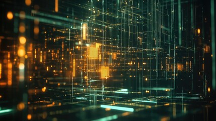 Poster - Abstract geometric shapes and glowing data points representing the flow of information in tech processes