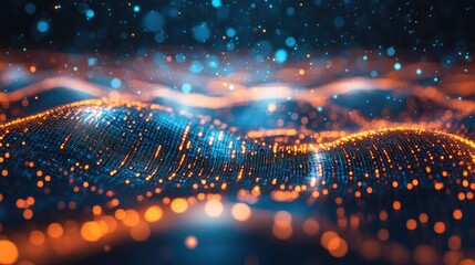 Poster - Abstract geometric shapes and glowing digital particles representing the future of tech processes and connectivity