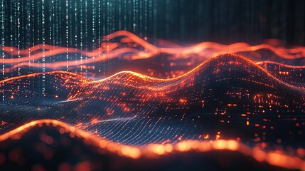 Poster - Abstract geometric shapes and glowing digital waves representing the future of technological processes