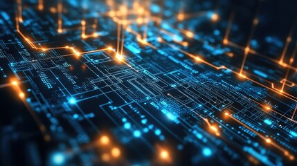 Poster - Abstract glowing binary code and circuit patterns representing technological infrastructure and digital flow