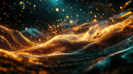 Poster - Abstract glowing data waves and digital particles representing the flow of information in high-tech systems