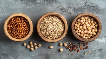 Wall Mural - Three wooden bowls filled with quinoa, oat flakes and chickpeas.