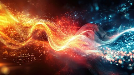 Poster - Abstract glowing lines and digital waveforms representing the flow of data in advanced technological systems