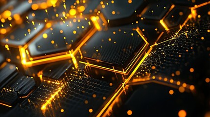 Poster - Abstract hexagonal mesh with glowing lines and digital particles representing the future of tech processes
