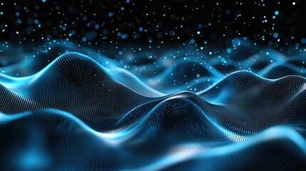Poster - Abstract high-tech mesh with glowing particles and waveforms representing digital transformation and processes