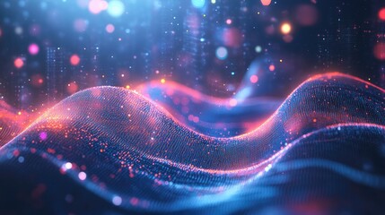 Poster - Abstract waveforms and grids with glowing particles representing digital signal processing and technological data