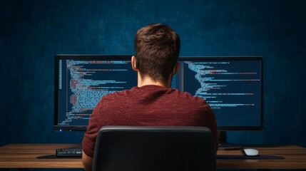 A person coding on dual monitors with a dark blue background, focused on programming tasks displayed on the screens.