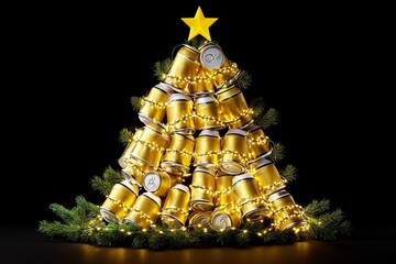 Unique holiday tree crafted from stacked yellow cans, adorned with twinkling lights and a star, combining festive spirit with creative recycling and design.