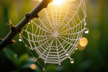 Spider web covered with dew drops glistening in the morning light