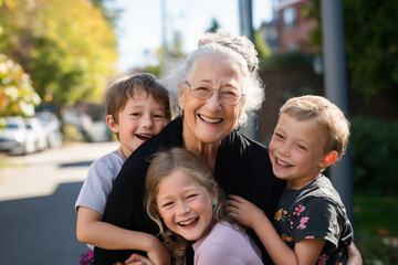 Caucasian granny with glasses smiles surrounded by her grandchildren who laugh, lifestyle on the street