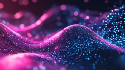 Poster - Futuristic digital environment with glowing particles and waveforms symbolizing tech innovation and processes