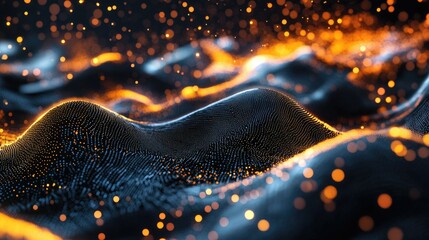 Poster - Futuristic digital environment with glowing particles and waveforms symbolizing tech innovation and processes
