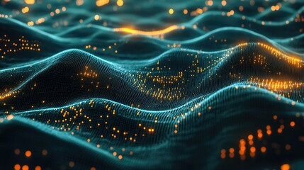 Poster - Futuristic digital waves with glowing particles and abstract nodes representing tech-driven processes and innovations