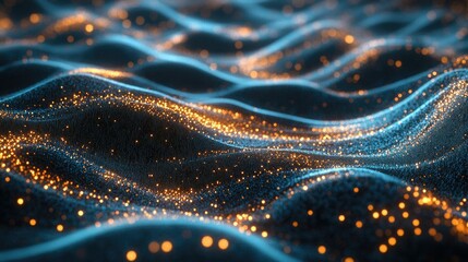 Poster - Futuristic digital waves with glowing particles and abstract nodes representing tech-driven processes and innovations