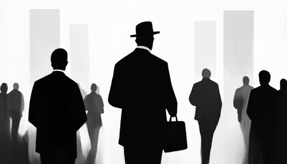 A monochrome silhouette of a group of people walking, with one figure in a hat and suit standing out, suggesting a business or corporate environment.